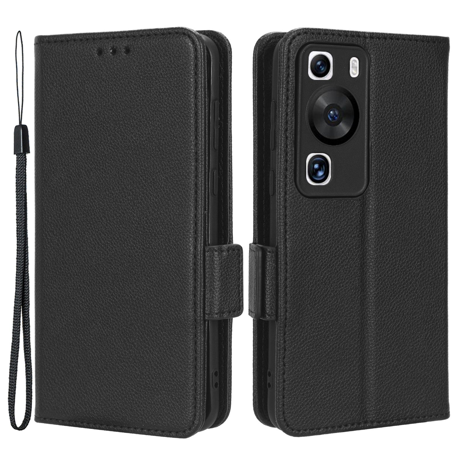 For Huawei P60 / P60 Pro Litchi Texture PU Leather Wallet Protective Case Stand Phone Cover with Strap