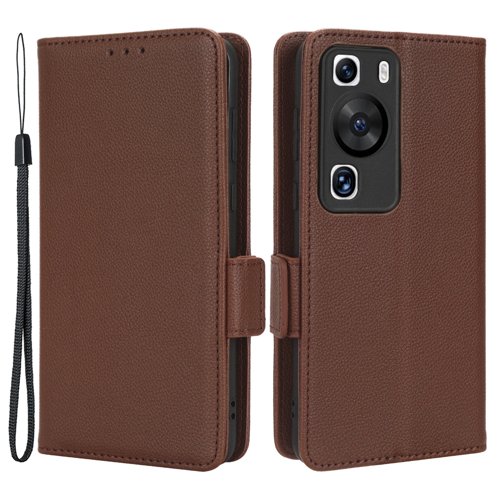 For Huawei P60 / P60 Pro Litchi Texture PU Leather Wallet Protective Case Stand Phone Cover with Strap