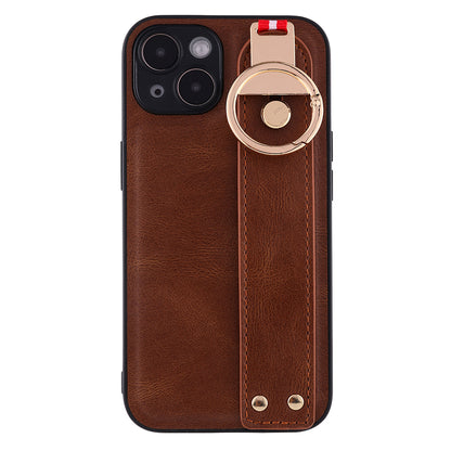 For iPhone 14 Plus Back Cover Wristband Kickstand PU Leather Coated PC+TPU Phone Case with Neck Strap