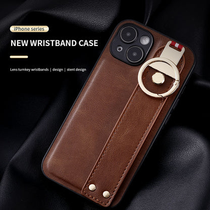 For iPhone 14 Plus Back Cover Wristband Kickstand PU Leather Coated PC+TPU Phone Case with Neck Strap