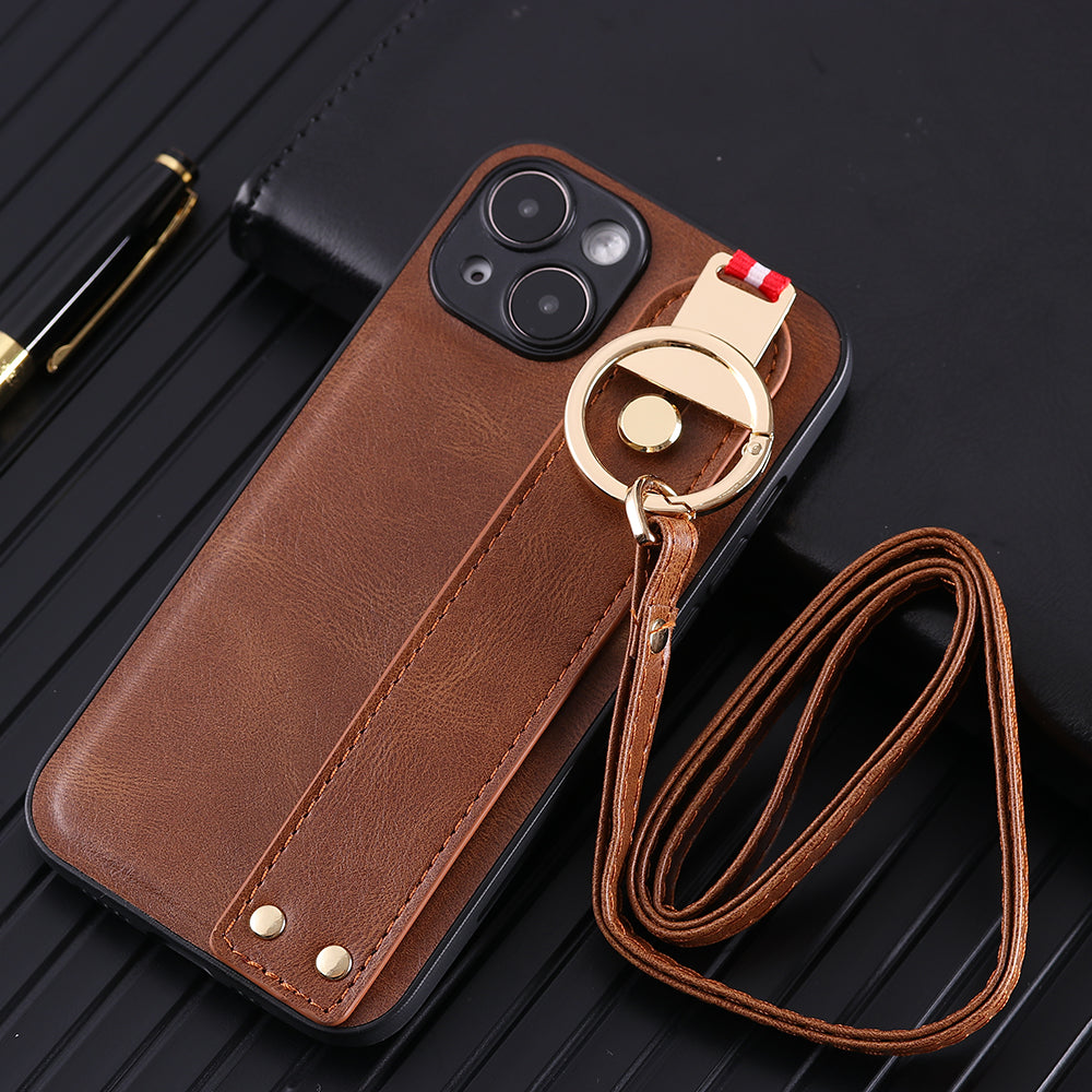 For iPhone 14 Plus Back Cover Wristband Kickstand PU Leather Coated PC+TPU Phone Case with Neck Strap