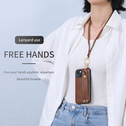 For iPhone 14 Plus Back Cover Wristband Kickstand PU Leather Coated PC+TPU Phone Case with Neck Strap