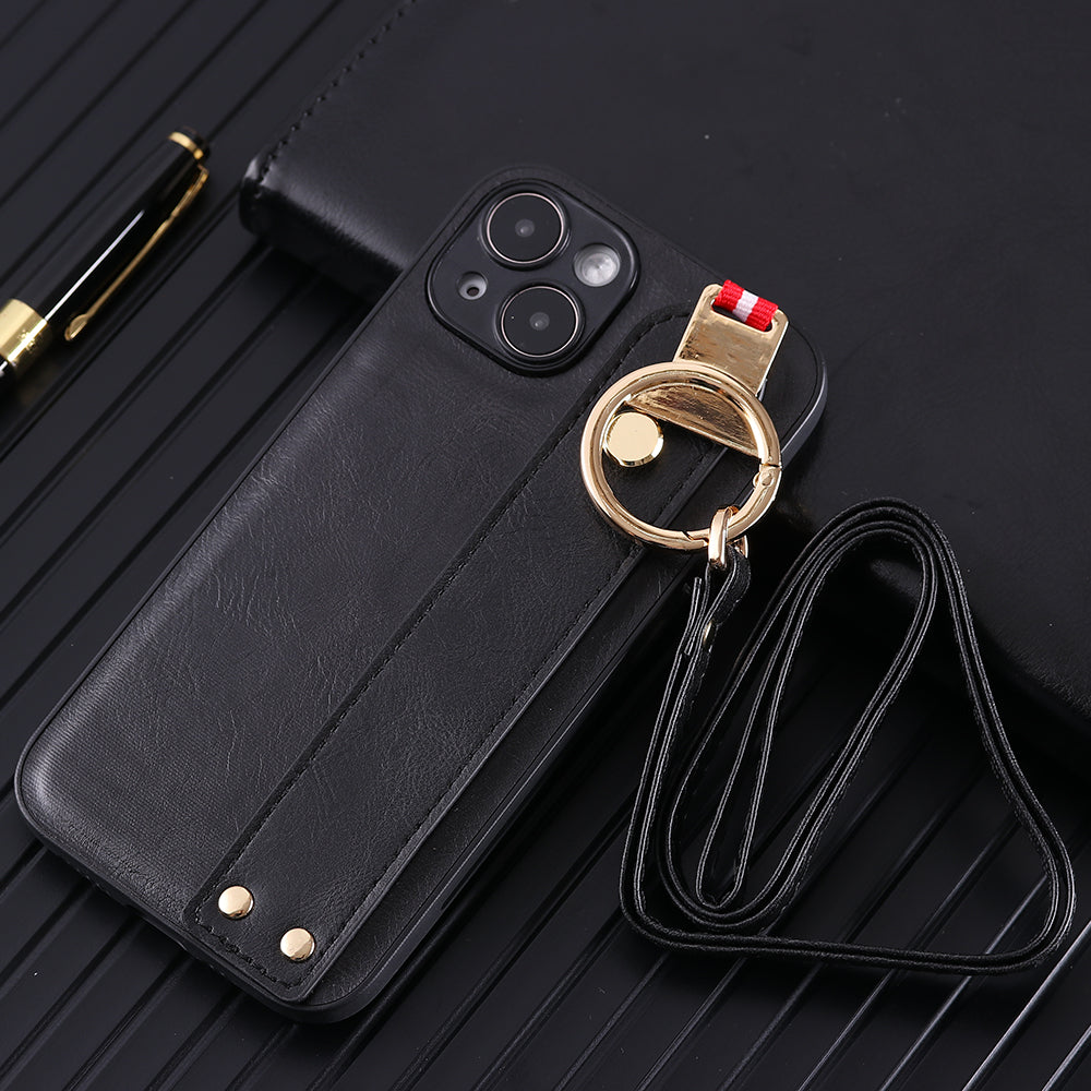 For iPhone 14 Plus Back Cover Wristband Kickstand PU Leather Coated PC+TPU Phone Case with Neck Strap