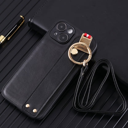 For iPhone 14 Plus Back Cover Wristband Kickstand PU Leather Coated PC+TPU Phone Case with Neck Strap
