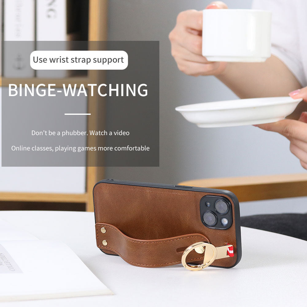 For iPhone 14 Plus Back Cover Wristband Kickstand PU Leather Coated PC+TPU Phone Case with Neck Strap