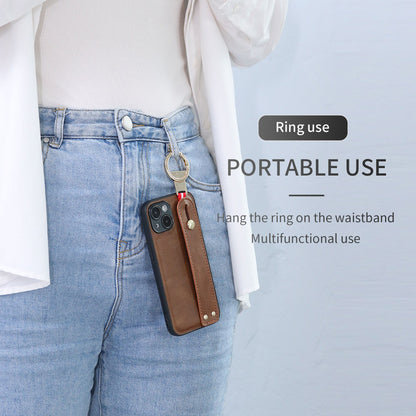 For iPhone 14 Plus Back Cover Wristband Kickstand PU Leather Coated PC+TPU Phone Case with Neck Strap