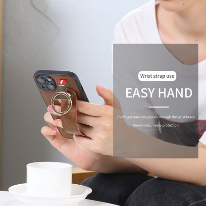 For iPhone 14 Plus Back Cover Wristband Kickstand PU Leather Coated PC+TPU Phone Case with Neck Strap