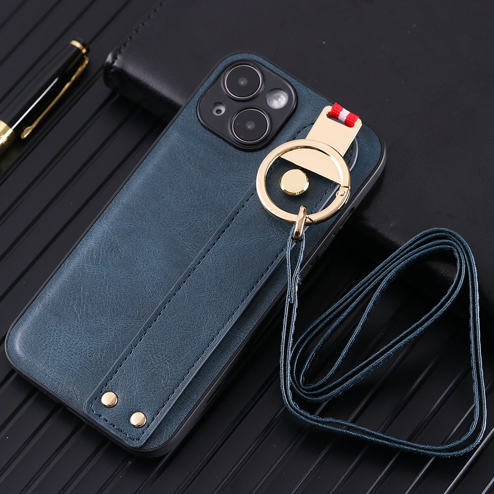 For iPhone 14 Plus Back Cover Wristband Kickstand PU Leather Coated PC+TPU Phone Case with Neck Strap