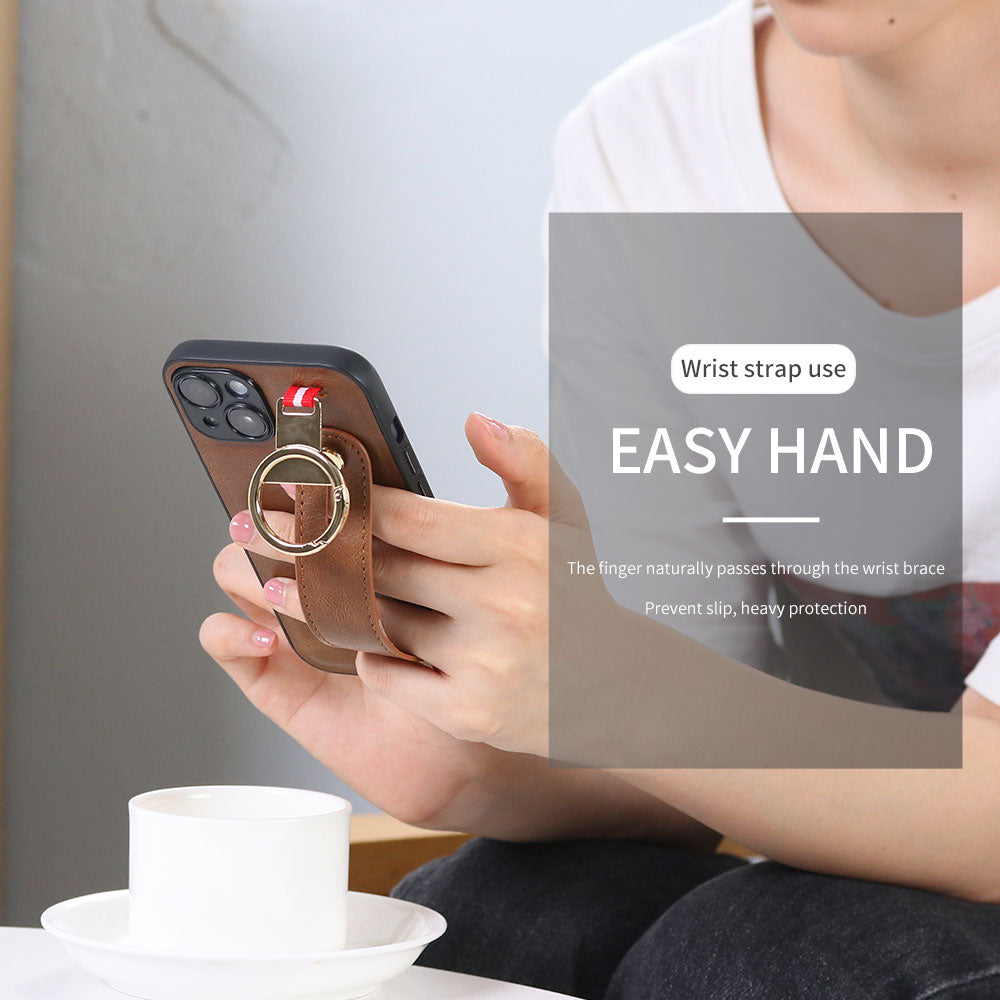 For iPhone 14 Plus Back Cover Wristband Kickstand PU Leather Coated PC+TPU Phone Case with Neck Strap