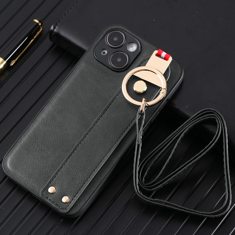 For iPhone 14 Plus Back Cover Wristband Kickstand PU Leather Coated PC+TPU Phone Case with Neck Strap