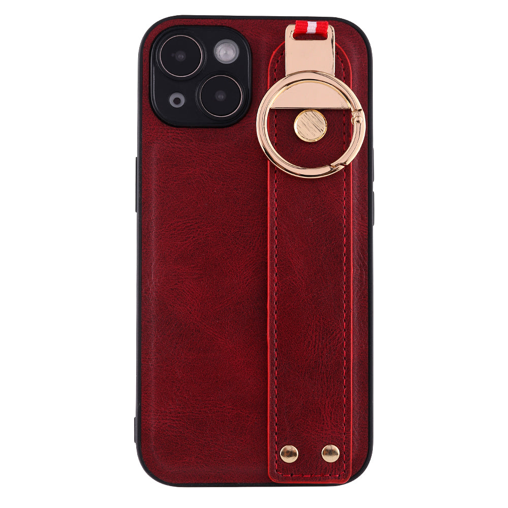 For iPhone 14 Plus Back Cover Wristband Kickstand PU Leather Coated PC+TPU Phone Case with Neck Strap