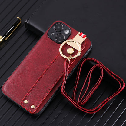For iPhone 14 Plus Back Cover Wristband Kickstand PU Leather Coated PC+TPU Phone Case with Neck Strap