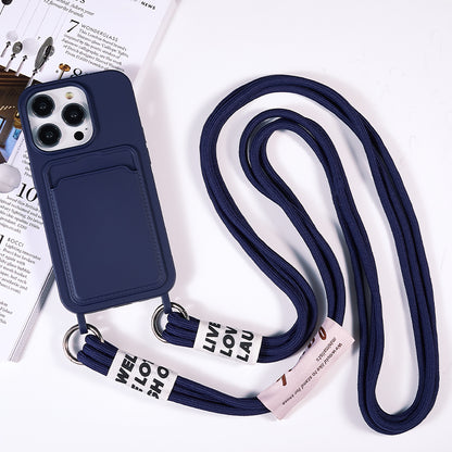 Protective Case for iPhone 14 Pro Max Liquid Silicone Slim Case Card Slot Phone Cover with Strap