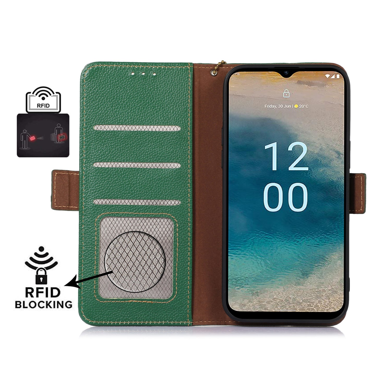 For Nokia C22 Genuine Cow Leather Flip Phone Case Wallet RFID Blocking Stand Cover