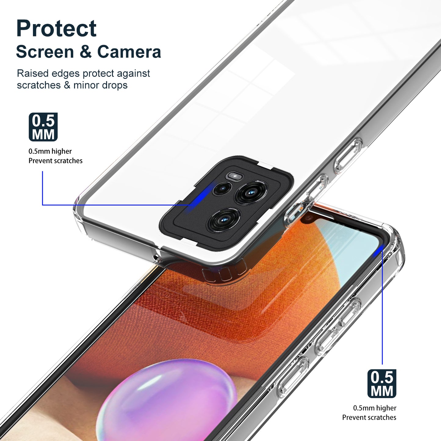 For Motorola Moto G72 5G 3-in-1 Shockproof Phone Case TPU Backplate + PC Frame + PC Camera Ring Clear Cover