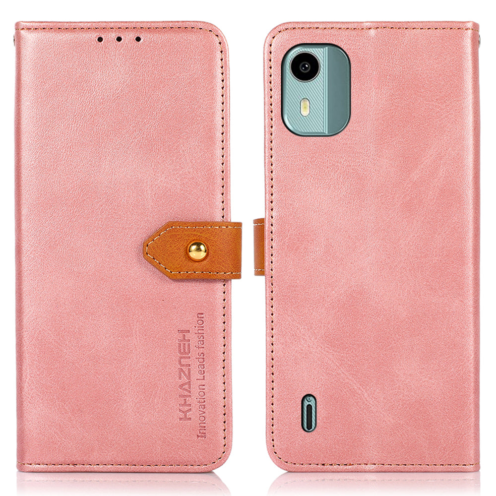 KHAZNEH For Nokia C12 4G / C12 Plus / C12 Pro Phone Leather Cover Gold Button Magnetic Case with Stand Wallet