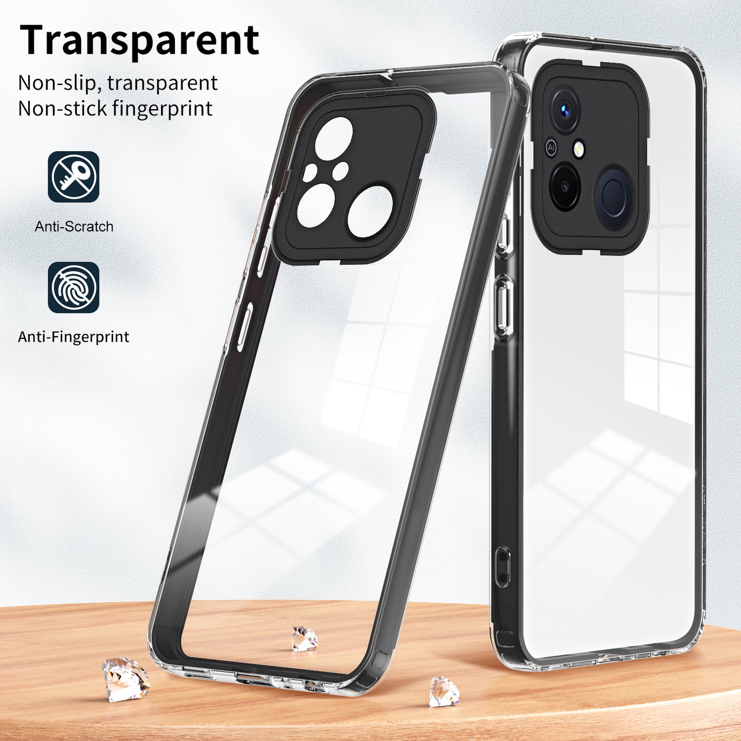 TPU PC Phone Case for Xiaomi Redmi 12C 4G Anti-Drop 3-in-1 Clear Cover with PC Camera Frame