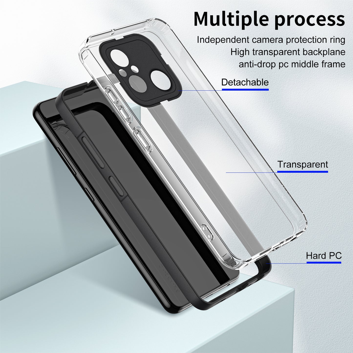 TPU PC Phone Case for Xiaomi Redmi 12C 4G Anti-Drop 3-in-1 Clear Cover with PC Camera Frame
