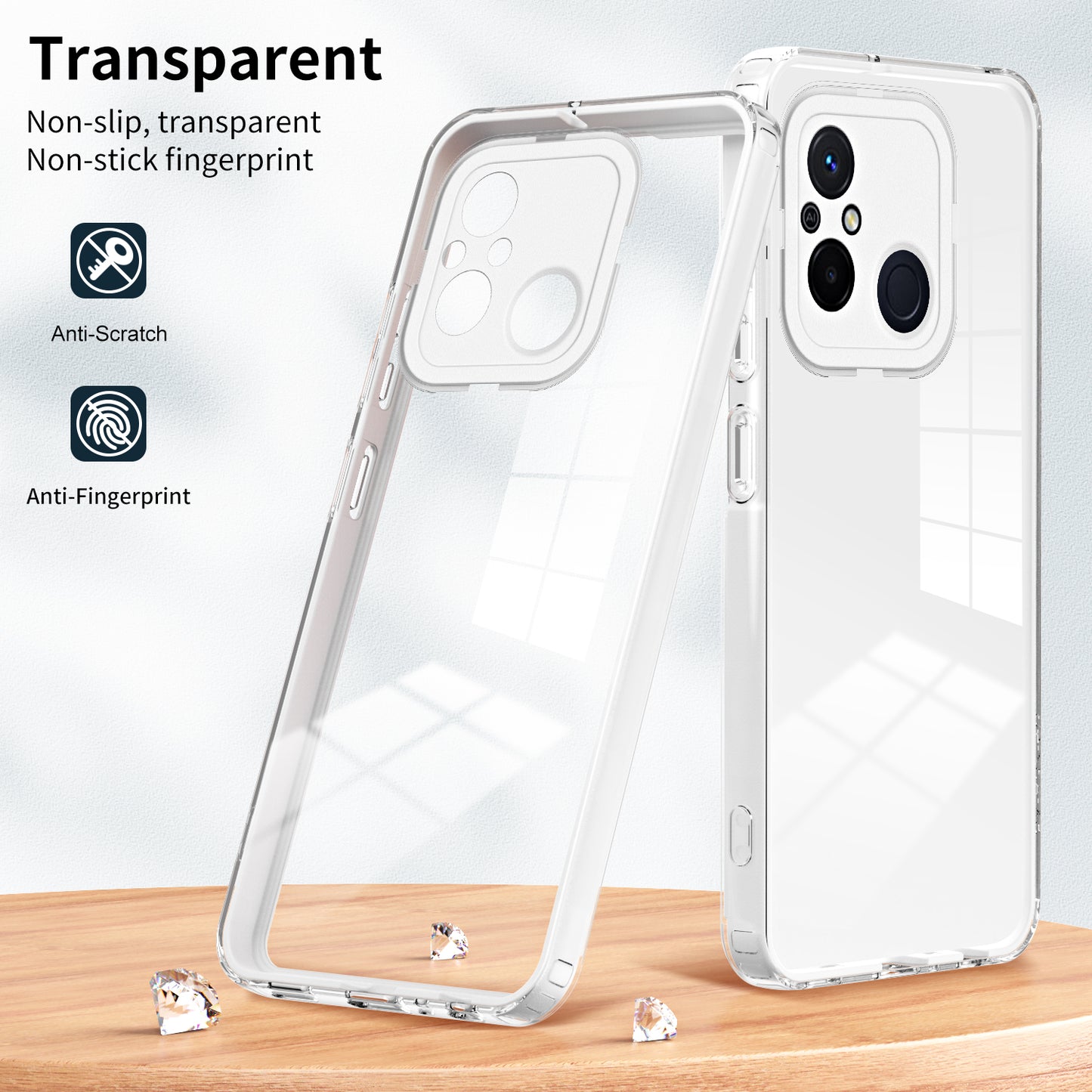 TPU PC Phone Case for Xiaomi Redmi 12C 4G Anti-Drop 3-in-1 Clear Cover with PC Camera Frame