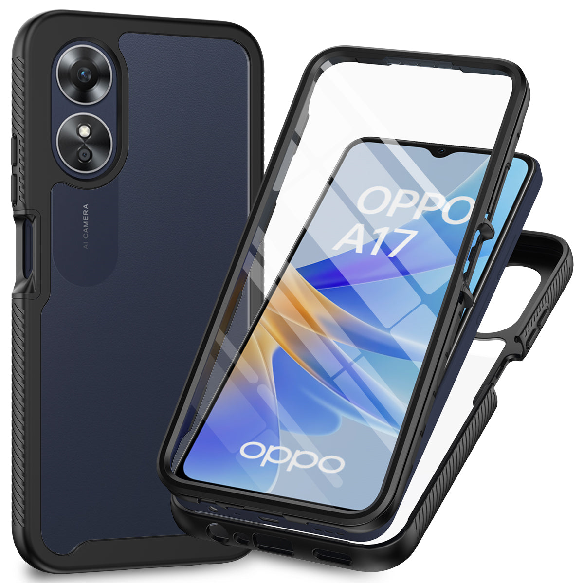 For Oppo A17 4G Shockproof PC+TPU Phone Case Transparent Phone Cover with PET Screen Protector