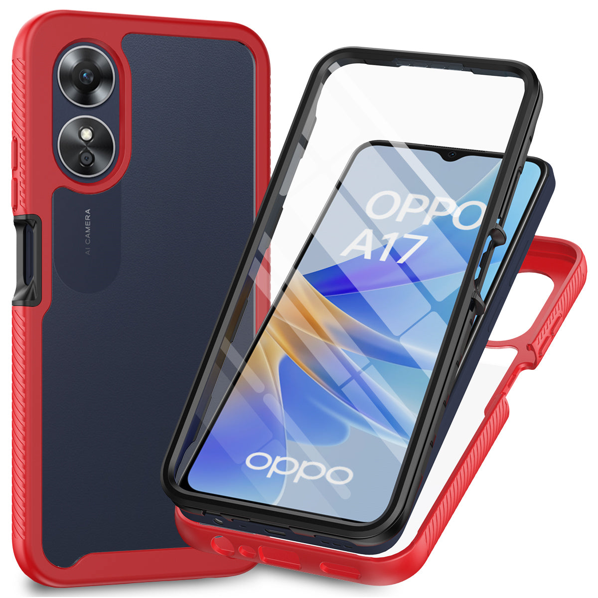 For Oppo A17 4G Shockproof PC+TPU Phone Case Transparent Phone Cover with PET Screen Protector
