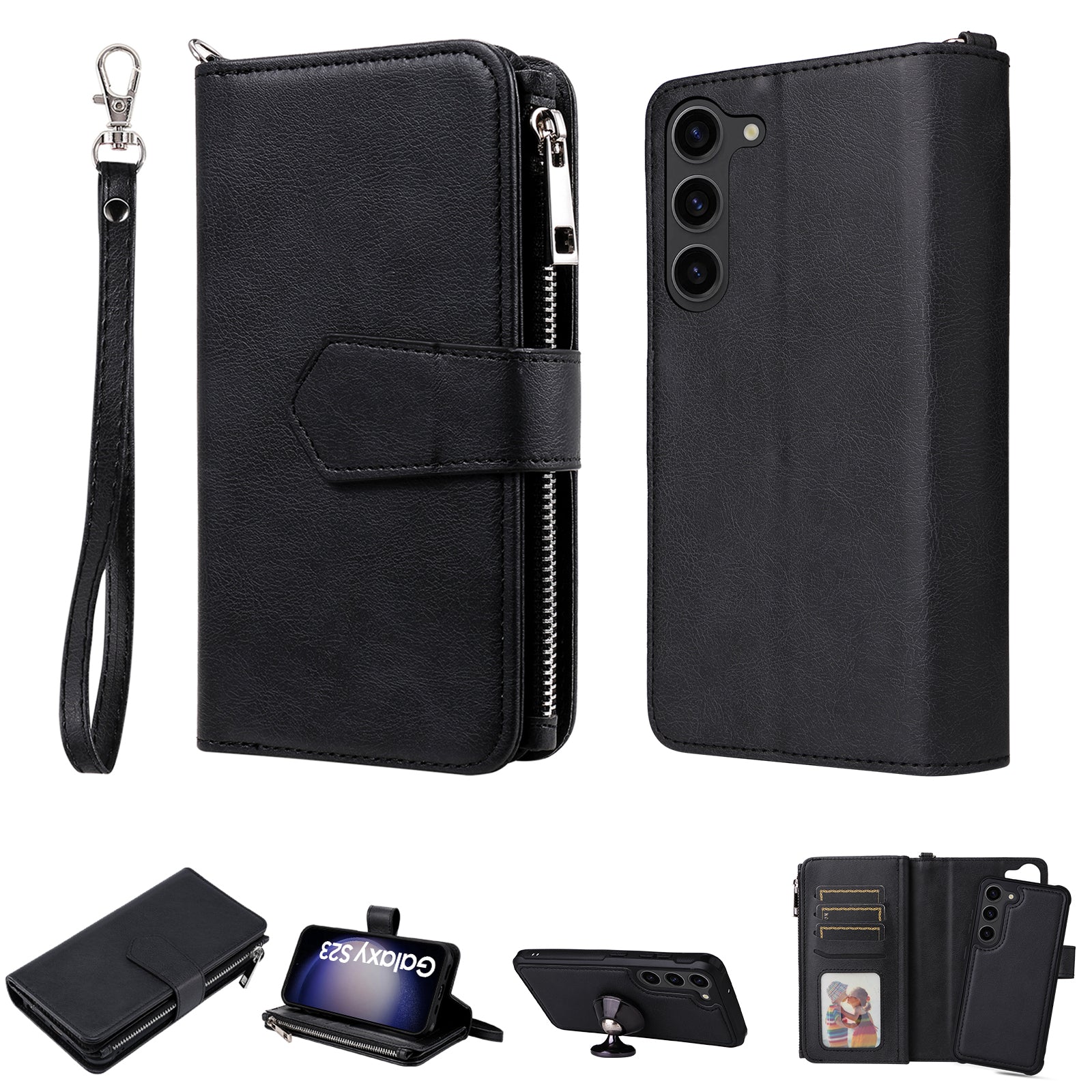KT Multi-functional Series-4 Leather Phone Case for Samsung Galaxy S23+ , Wallet Stand Zipper Detachable Magnetic Cover
