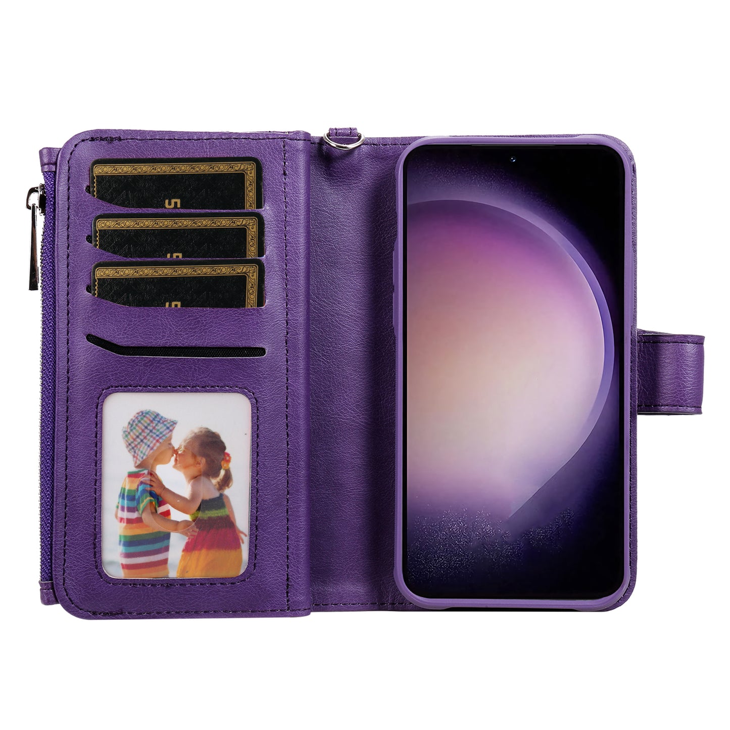 KT Multi-functional Series-4 Leather Phone Case for Samsung Galaxy S23+ , Wallet Stand Zipper Detachable Magnetic Cover