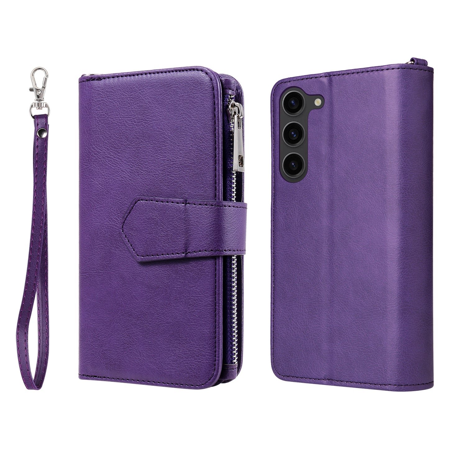 KT Multi-functional Series-4 Leather Phone Case for Samsung Galaxy S23+ , Wallet Stand Zipper Detachable Magnetic Cover