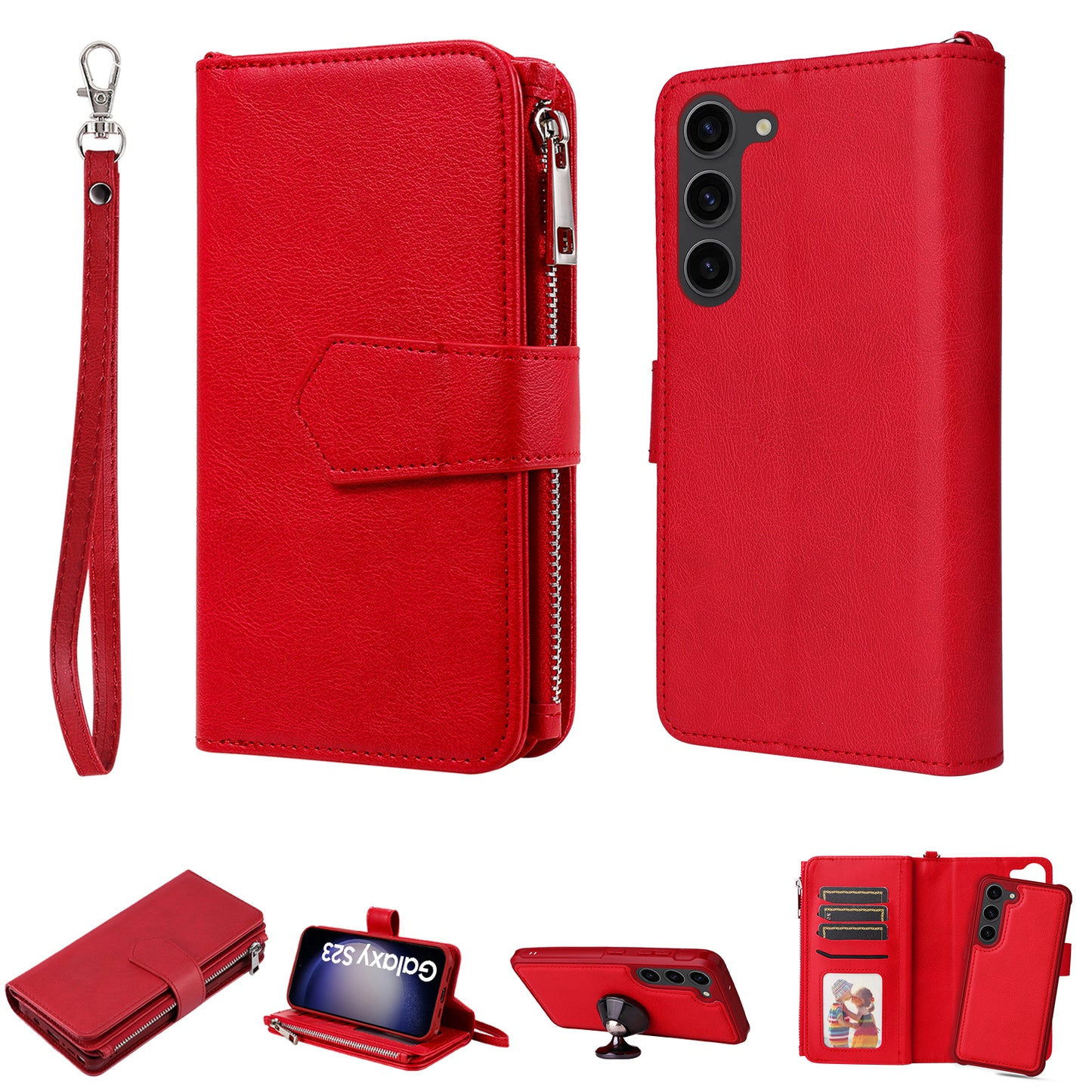 KT Multi-functional Series-4 Leather Phone Case for Samsung Galaxy S23+ , Wallet Stand Zipper Detachable Magnetic Cover