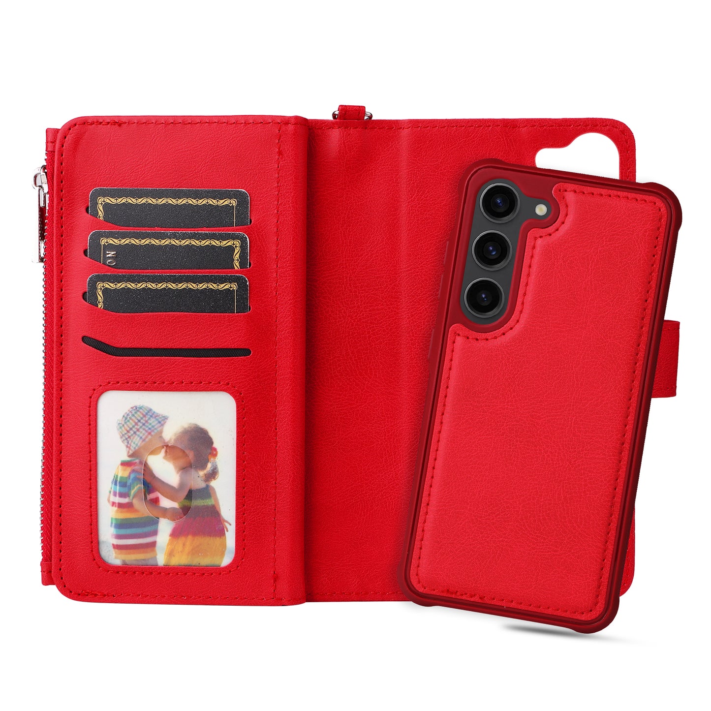 KT Multi-functional Series-4 Leather Phone Case for Samsung Galaxy S23+ , Wallet Stand Zipper Detachable Magnetic Cover