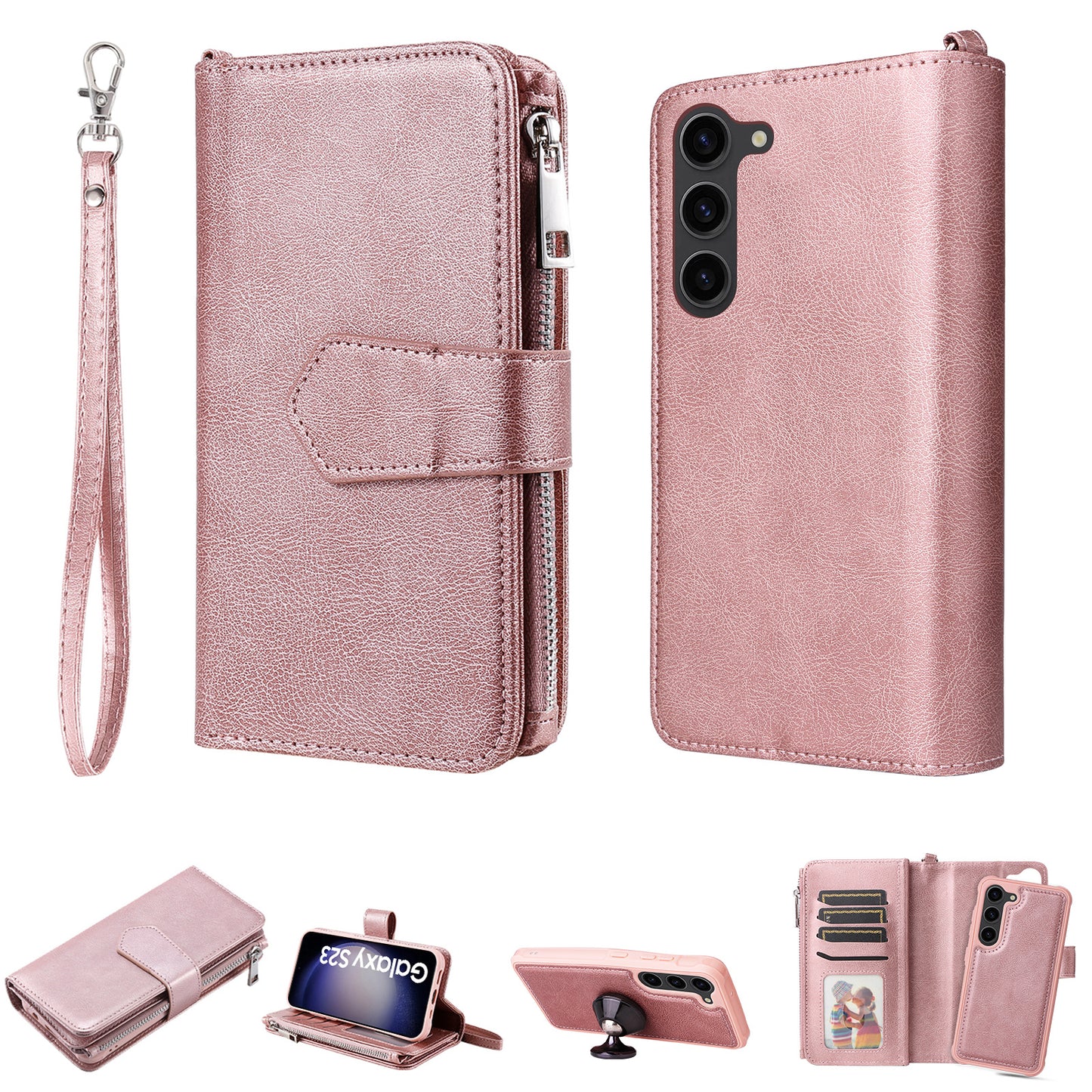 KT Multi-functional Series-4 Leather Phone Case for Samsung Galaxy S23+ , Wallet Stand Zipper Detachable Magnetic Cover