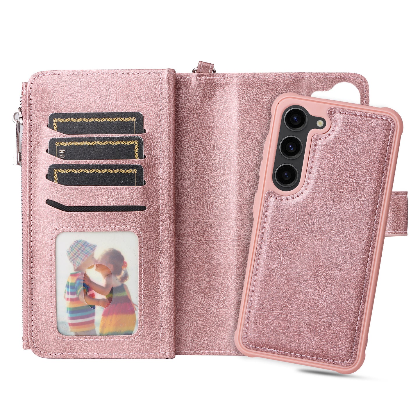 KT Multi-functional Series-4 Leather Phone Case for Samsung Galaxy S23+ , Wallet Stand Zipper Detachable Magnetic Cover