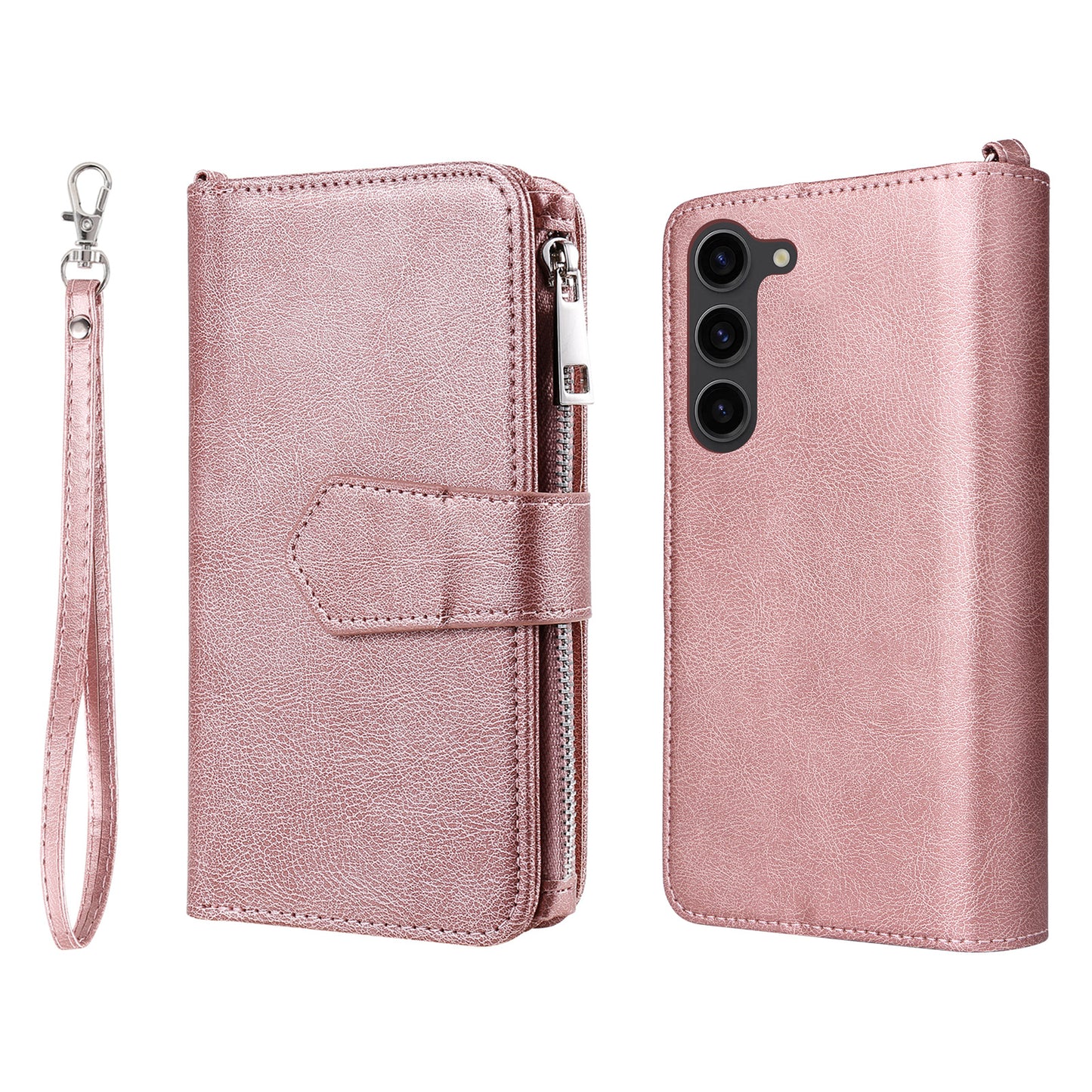 KT Multi-functional Series-4 Leather Phone Case for Samsung Galaxy S23+ , Wallet Stand Zipper Detachable Magnetic Cover