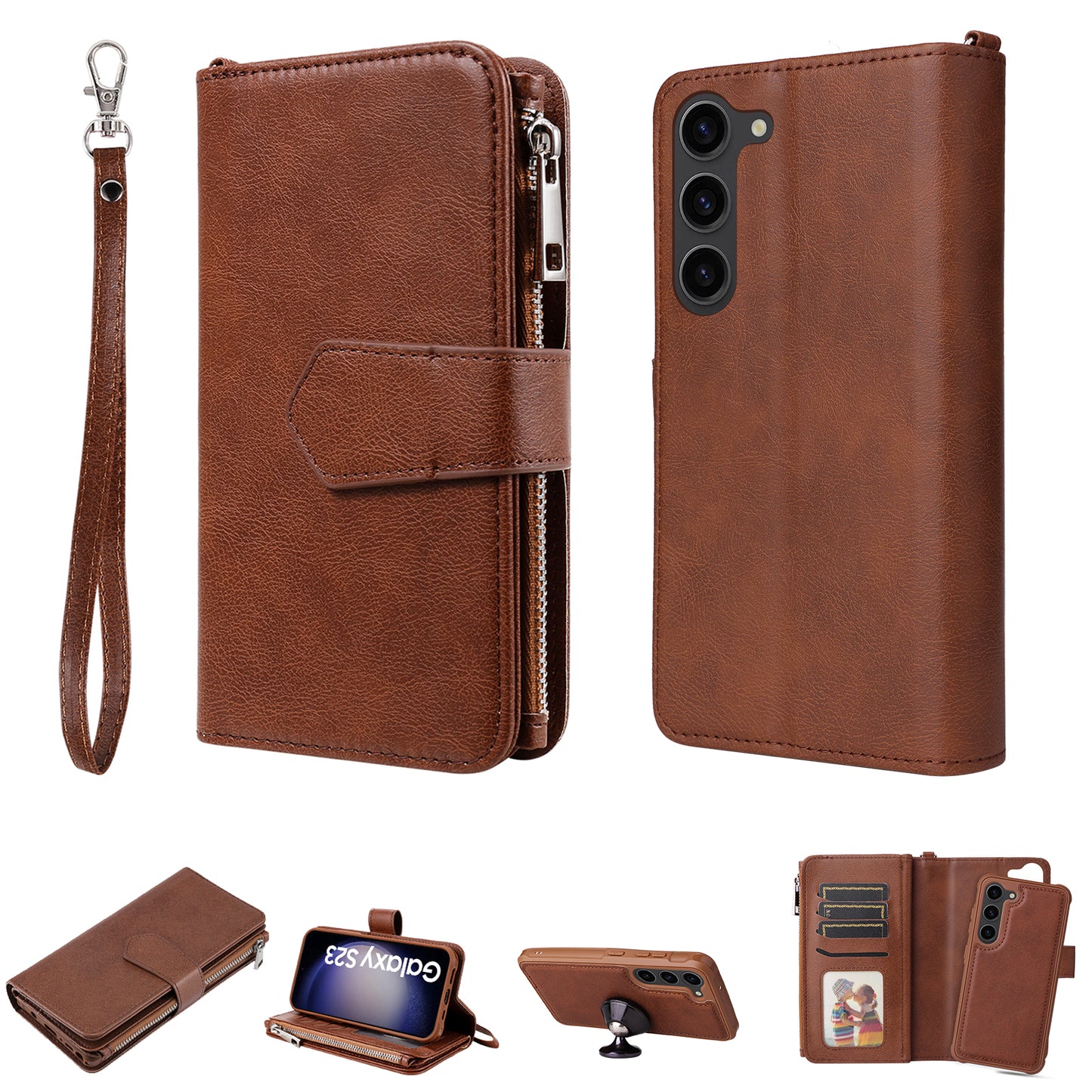 KT Multi-functional Series-4 Leather Phone Case for Samsung Galaxy S23+ , Wallet Stand Zipper Detachable Magnetic Cover