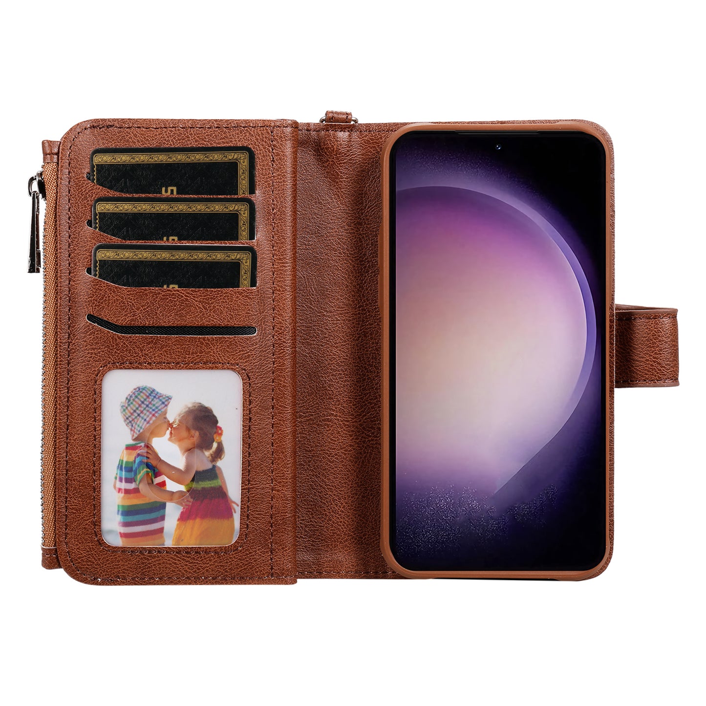 KT Multi-functional Series-4 Leather Phone Case for Samsung Galaxy S23+ , Wallet Stand Zipper Detachable Magnetic Cover