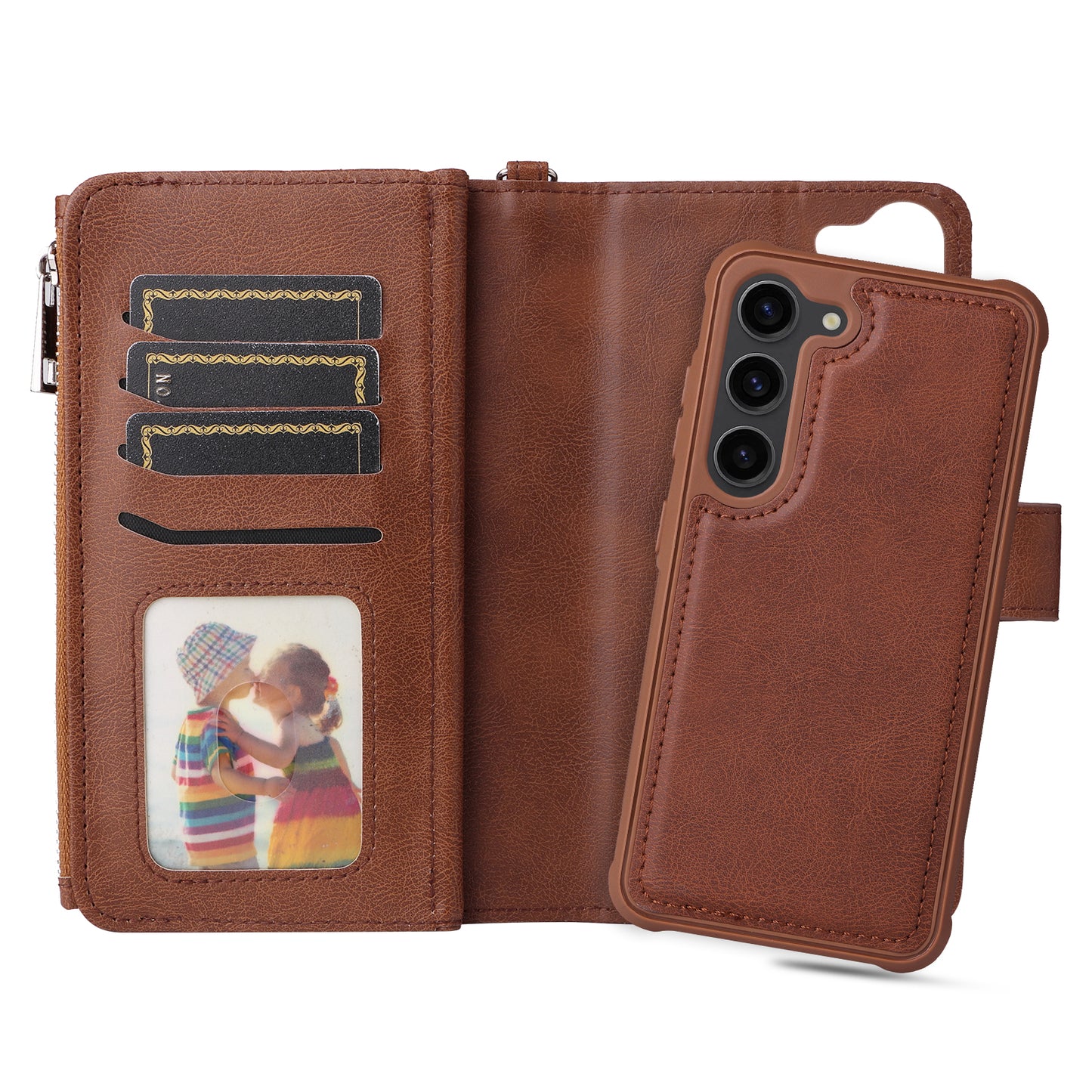 KT Multi-functional Series-4 Leather Phone Case for Samsung Galaxy S23+ , Wallet Stand Zipper Detachable Magnetic Cover
