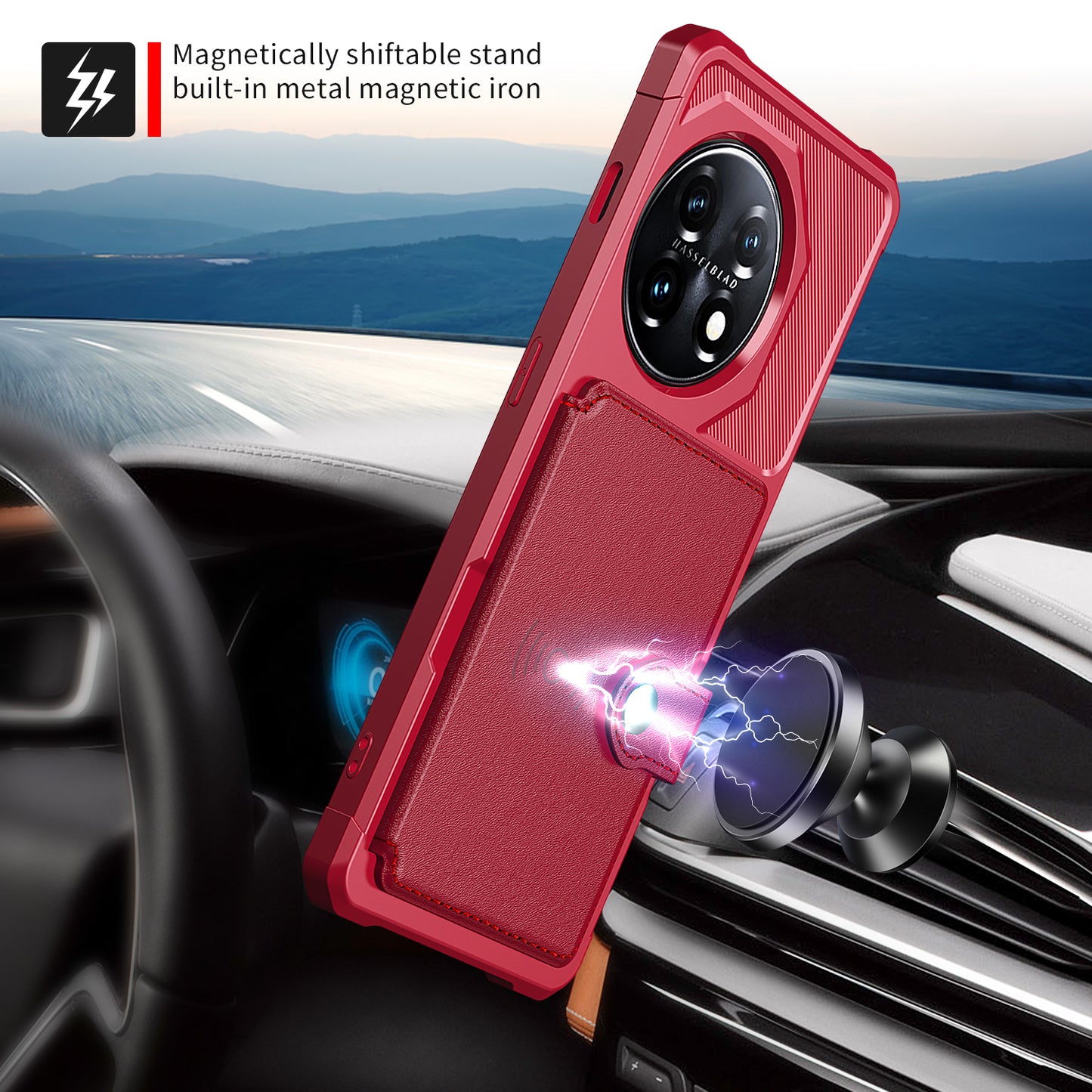 ZM03 For OnePlus 11 5G Shockproof Case PU Leather Coated TPU Phone Cover with Card Holder, Kickstand