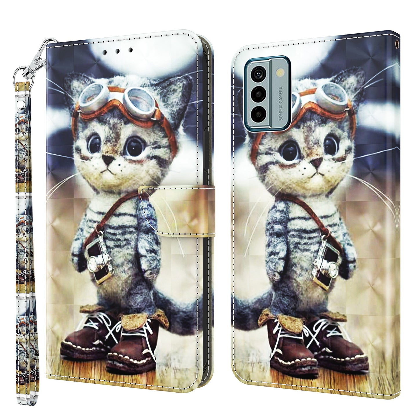 For Nokia G22 3D Pattern Printing PU Leather Case Wallet Stand Cell Phone Cover with Strap
