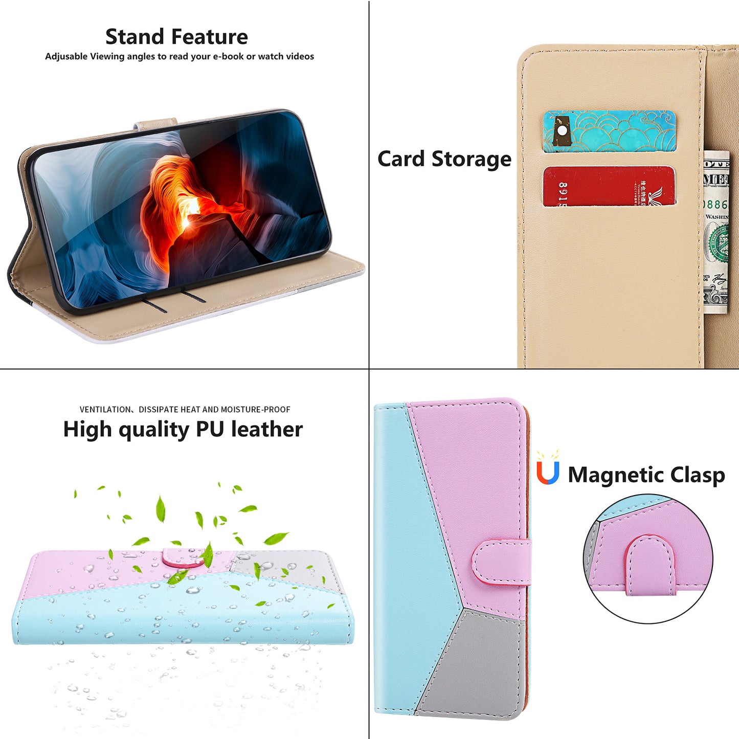 For Samsung Galaxy A34 5G Three-color Splicing Stand Wallet Phone Cover PU Leather Phone Case