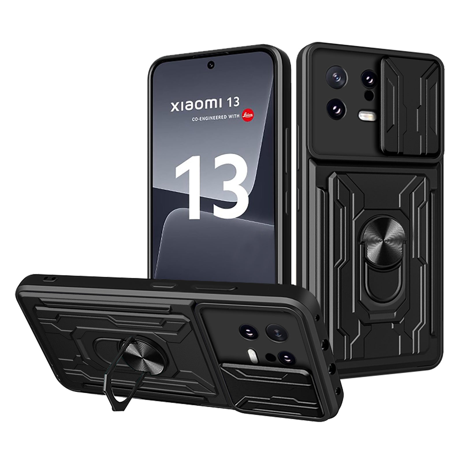 Card Holder Protective Cover for Xiaomi 13 5G Ring Kickstand Phone Case with Slide Camera Protection