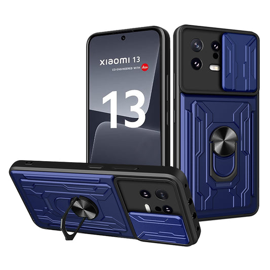 Card Holder Protective Cover for Xiaomi 13 5G Ring Kickstand Phone Case with Slide Camera Protection