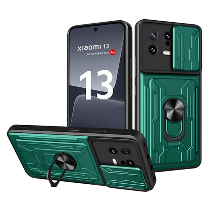 Card Holder Protective Cover for Xiaomi 13 5G Ring Kickstand Phone Case with Slide Camera Protection
