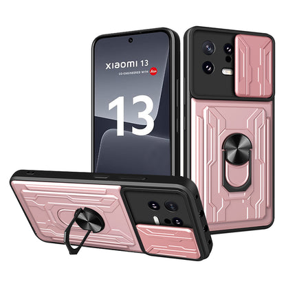 Card Holder Protective Cover for Xiaomi 13 5G Ring Kickstand Phone Case with Slide Camera Protection