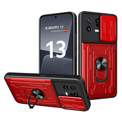 Card Holder Protective Cover for Xiaomi 13 5G Ring Kickstand Phone Case with Slide Camera Protection