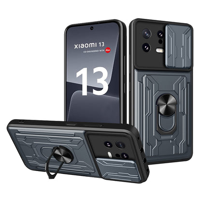 Card Holder Protective Cover for Xiaomi 13 5G Ring Kickstand Phone Case with Slide Camera Protection