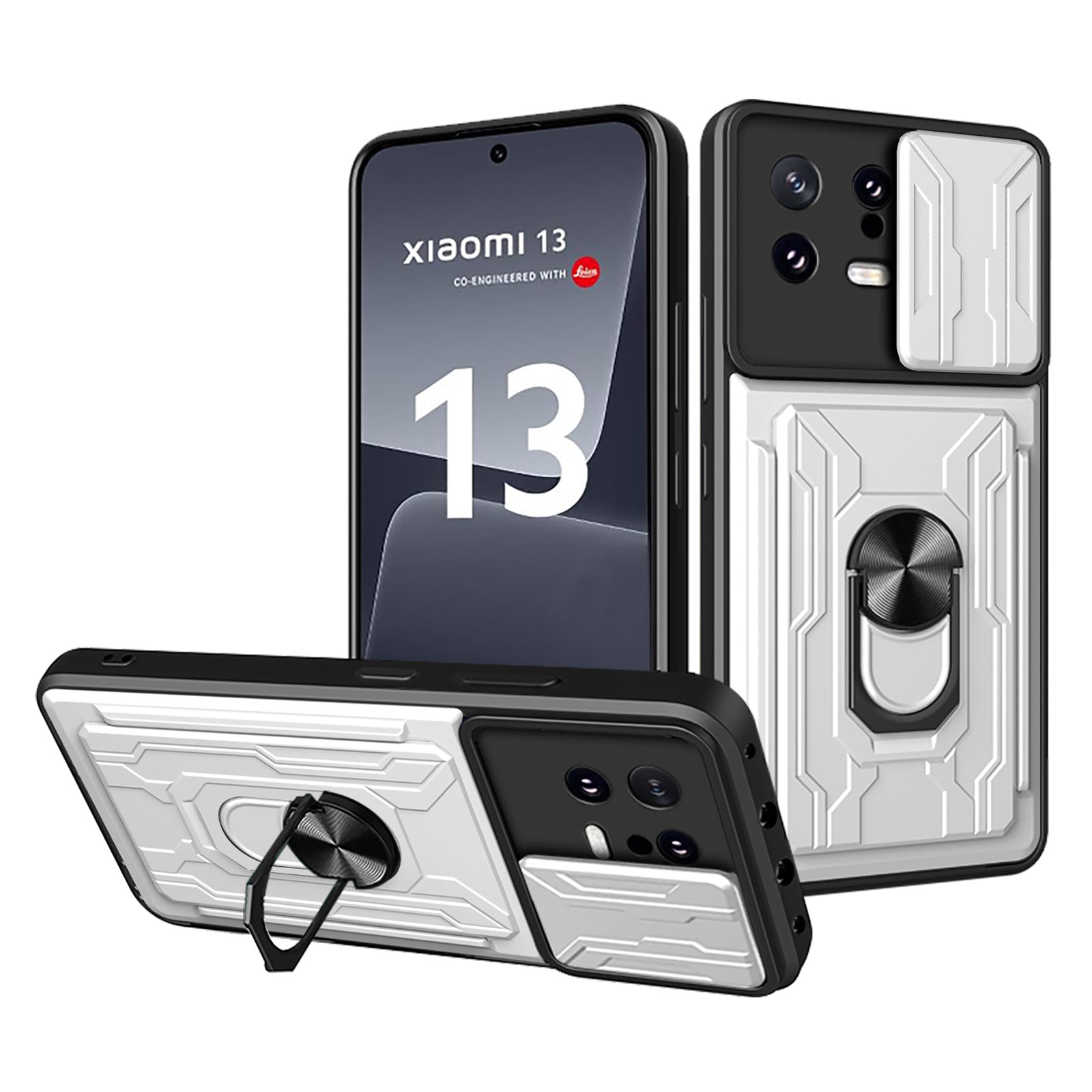 Card Holder Protective Cover for Xiaomi 13 5G Ring Kickstand Phone Case with Slide Camera Protection