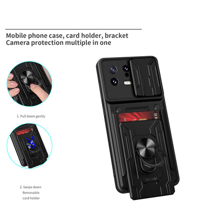 Card Holder Protective Cover for Xiaomi 13 5G Ring Kickstand Phone Case with Slide Camera Protection
