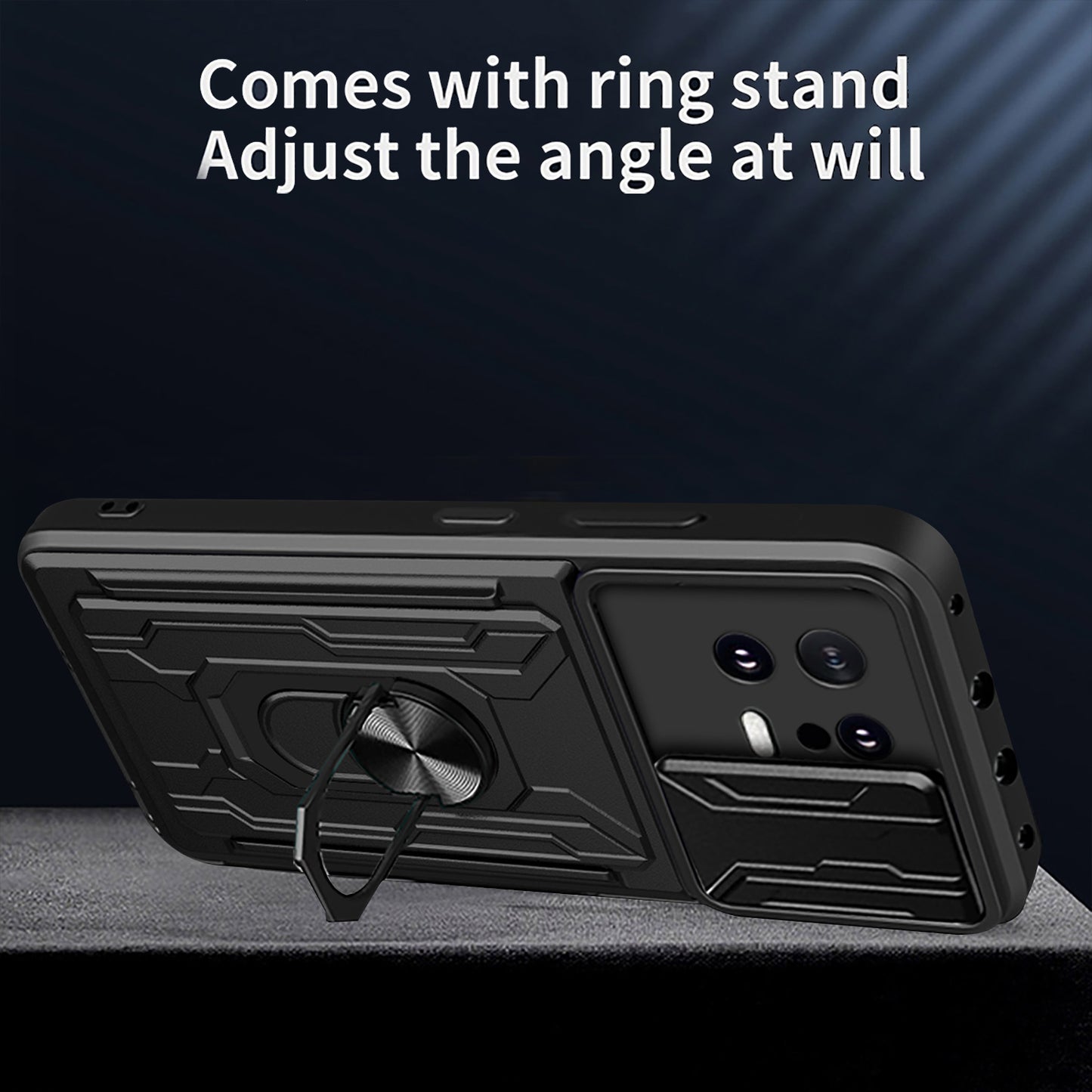 Card Holder Protective Cover for Xiaomi 13 5G Ring Kickstand Phone Case with Slide Camera Protection