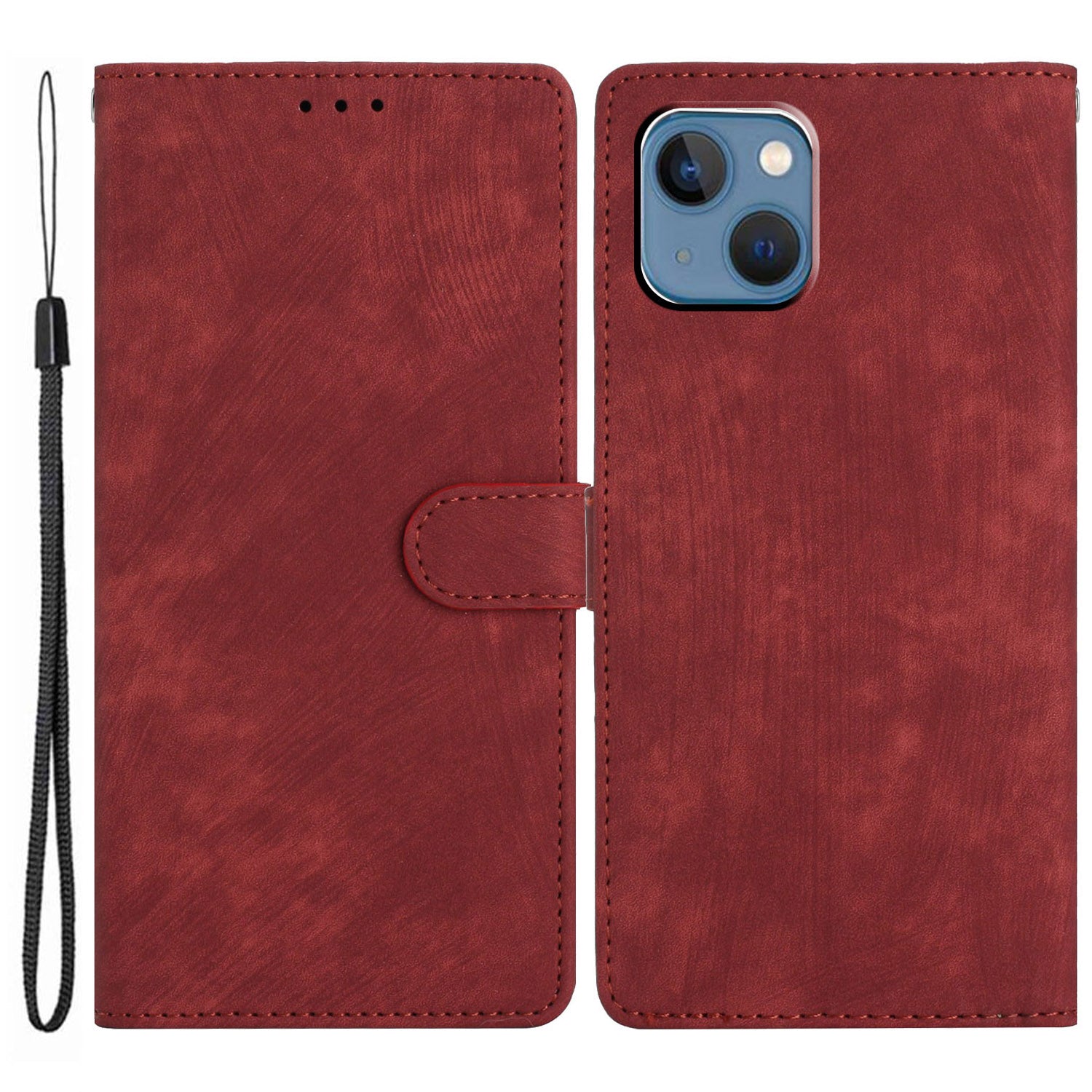 Wallet Shell for iPhone 14 Solid Color Skin-touch PU Leather Anti-collision Stand Phone Case