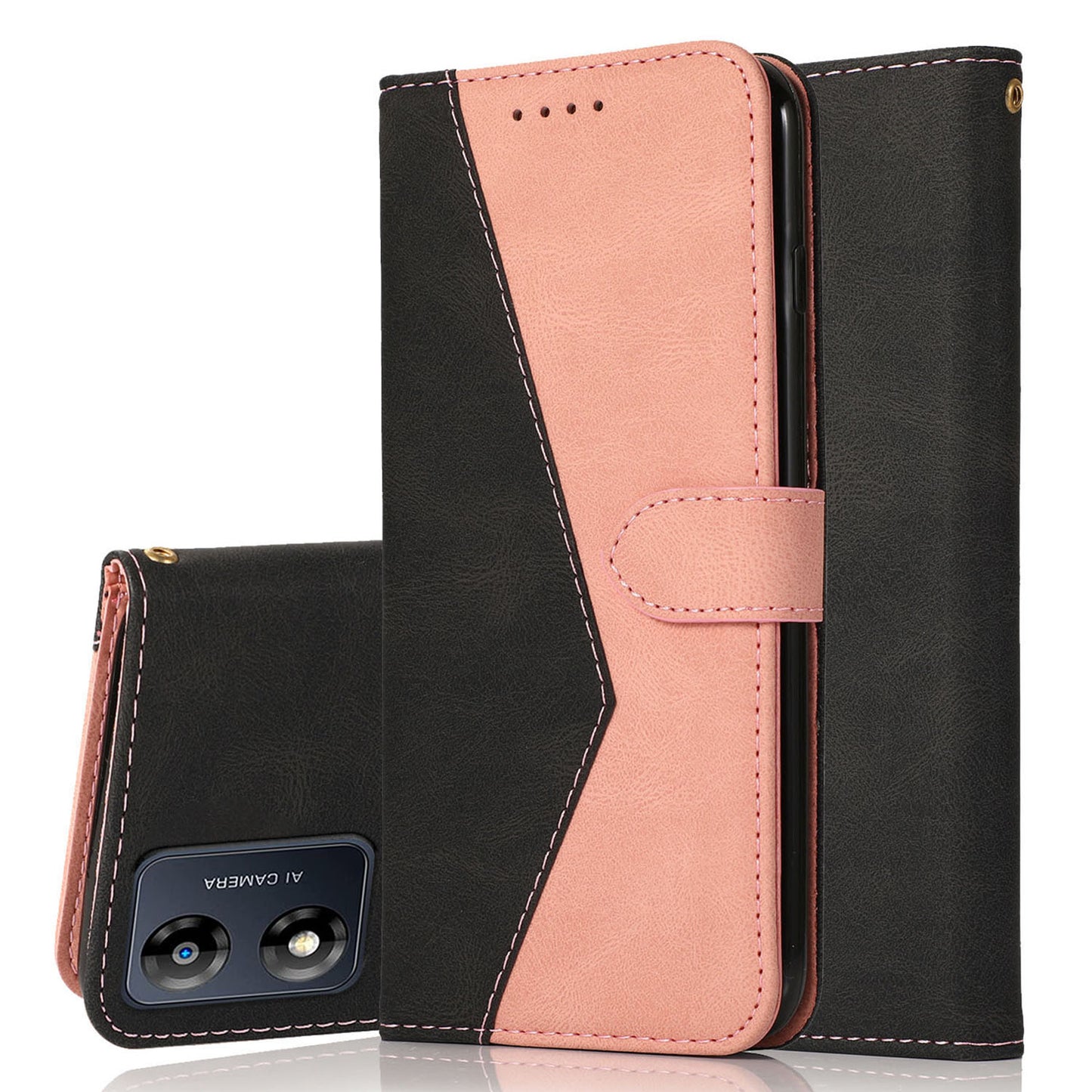 For Motorola Moto E13 4G Splicing PU Leather Wallet Phone Case Flip Stand Shockproof Cover